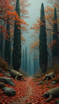 Horror scene, oil painting by Tom Bagshaw, mottled background, surreal