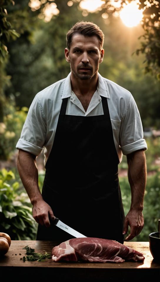 Horror scene, khatam inlay, Photograph of a Male Butcher , Furious