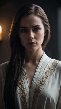Chill Female Confessor, her hair is Brunette and styled as Straight, shallow depth of field, Evil