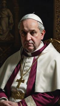 Painting, best quality, angle from above of a plump Hellenistic Male Pope, Sad