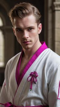Blessed year old short Irish Male Mentat Argonian of Ambition , dressed in robe, The robe has a tiny Fuchsia bows, rolled up sleeves
