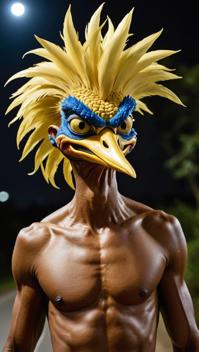 well built Sri Lankan Athlete Road Runner , Road Runner is very Nasty, wearing Bard costume, White and Sunflower Yellow hair styled as Tousled