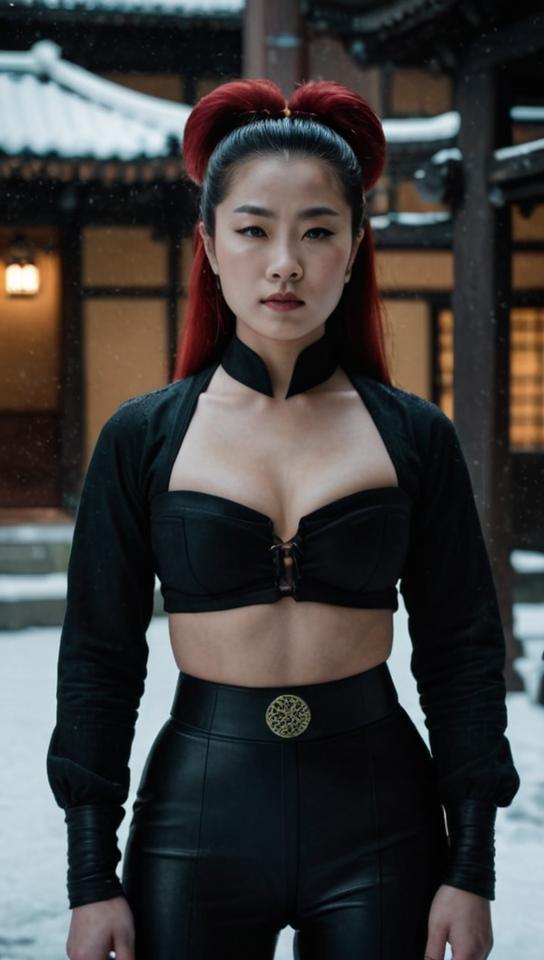 Cinematic still, fat Ming Dynasty Girl femme fatale, she is Mystical and Majestic, the Girl is dressed in Bimbocore fashion style High waisted pants and crop top