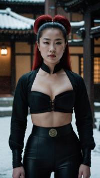 Cinematic still, fat Ming Dynasty Girl femme fatale, she is Mystical and Majestic, the Girl is dressed in Bimbocore fashion style High waisted pants and crop top