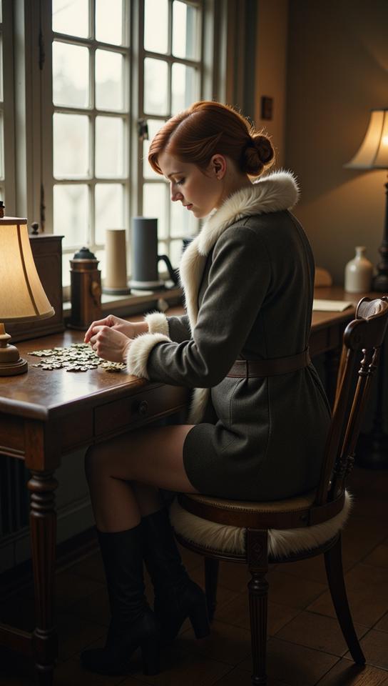 stylized by Peter Basch and Brooke Shaden , photograph, shot from behind of a S High Tech Cameroonian Sasha Alexander , Doing puzzles