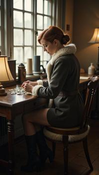 stylized by Peter Basch and Brooke Shaden , photograph, shot from behind of a S High Tech Cameroonian Sasha Alexander , Doing puzzles