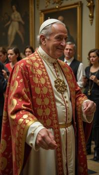 art by Gerda Wegener and Arthur Elgort and Eadweard Muybridge , photograph, POV shot of a Dirty S Scandinavian Pope John XXIII , Pope John XXIII is Dancing at a Floating hotel