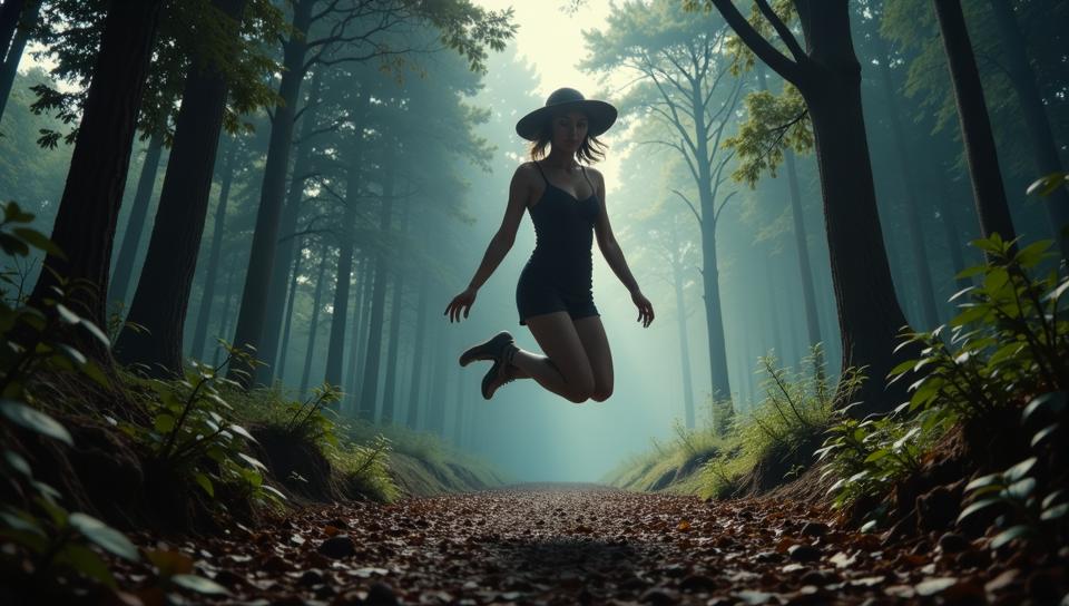 Blade Runner universe, photograph, wide angle of a Glamorous Female Shadow , Jumping