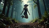 Blade Runner universe, photograph, wide angle of a Glamorous Female Shadow , Jumping