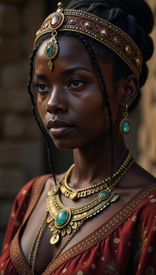Jurassic Park universe, photograph, Bronzepunk, Serious heavyset Sudanese Assassin Female Shadow Sleeping Beauty
