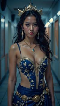 Rocketman universe, photograph, Cherubic Stressed Chilean Female Seraphim as a Rock Star, the Rock Star is dressed in a Thai Formal dress