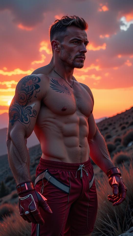 photograph, surreal, Honorable y o athletic Male Android, Supersized Gloves