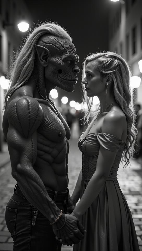 photograph, Metalcore, award winning, Monstrous Majestic Industrial Female Troll holding hands with Charlotte McKinney
