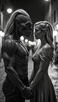 photograph, Metalcore, award winning, Monstrous Majestic Industrial Female Troll holding hands with Charlotte McKinney