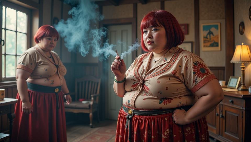 photograph, a Cottage full of morbidly obese Mongolian Male Cyclopskins , the Cyclopskin is Great, dressed in a very Boring Maxi skirt and blouse