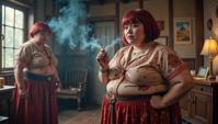 photograph, a Cottage full of morbidly obese Mongolian Male Cyclopskins , the Cyclopskin is Great, dressed in a very Boring Maxi skirt and blouse