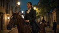 photograph, Rule of Thirds, full shot of a S athletic Grunge Male Elf Horse back riding, wearing formal suit