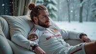 photograph, medium close up shot of a Masculine Male Frost giant , he is Lounging, dressed in Elegant Sports team uniform