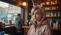 photograph, petite Soviet Female Gnome Alicia Witt Barista, the Girl is Exotic, dressed in Windbreaker