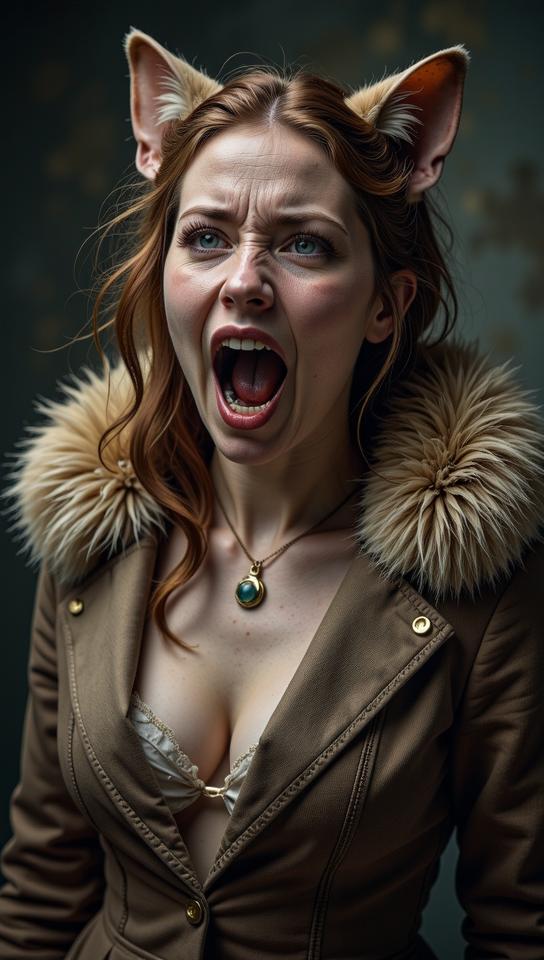 photograph, Portrait of a Unattractive Fashionable pear shaped figure Female Nymph cosplaying as Vesta, she is screaming, wearing suit