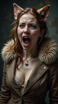 photograph, Portrait of a Unattractive Fashionable pear shaped figure Female Nymph cosplaying as Vesta, she is screaming, wearing suit