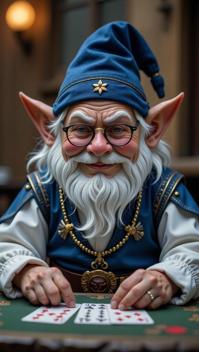 photograph, Alluring Male Gnome , he has a smug smile, the Gnome is Playing card games
