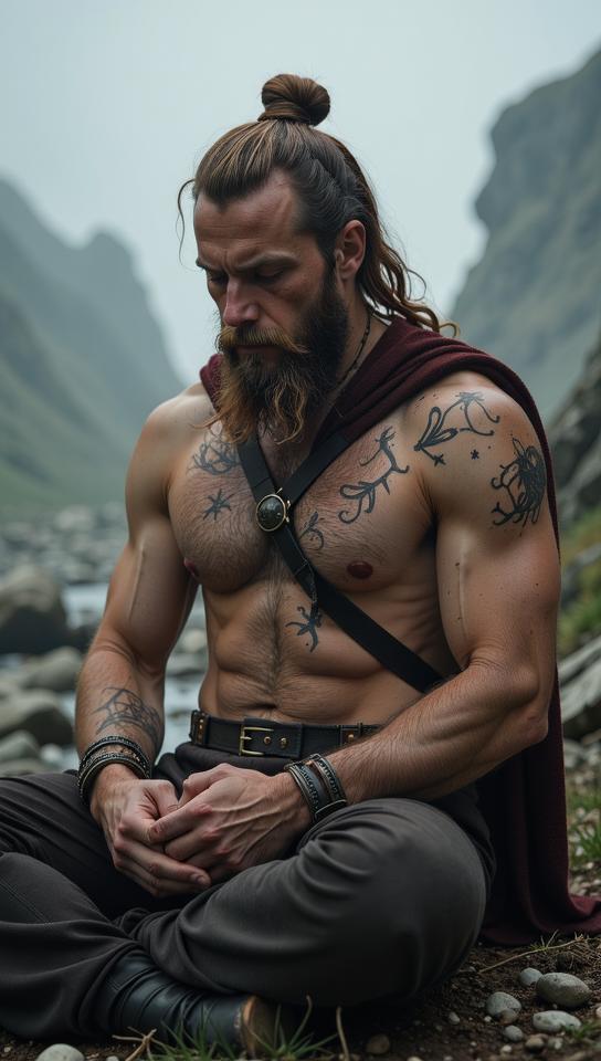 photograph, Instinctive Tragic large Male Valkyrie , expressing shame, Meditating