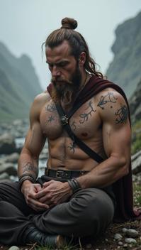 photograph, Instinctive Tragic large Male Valkyrie , expressing shame, Meditating