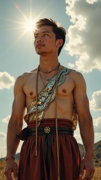 photograph, s Art, long shot of a Virtual Thai Chinese Male Fremen Reverend, the Fremen is dressed in Korean Hose s neon clothing