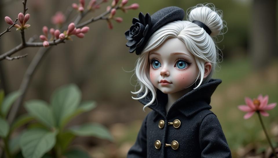 photograph, Golden ratio, Ghostly Chinoiserie Female Garden gnome dressed up as Black Widow character, wearing Peacoat