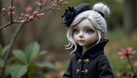 photograph, Golden ratio, Ghostly Chinoiserie Female Garden gnome dressed up as Black Widow character, wearing Peacoat