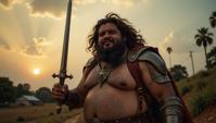 photograph, overweight Venezuelan Male Ogre Knight errant, he is Loving and Dorky, his hair is Warrior