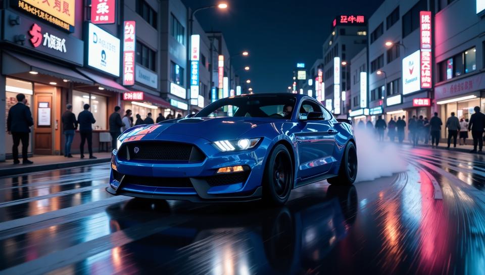 a wide angle shot of a vibrant blue Ford Mustang Shelby GT drift racing under neon lights in a crowded Tokyo streets at night Include dynamic motion blur and dramatic street lighting reflecting off the wet asphalt Add a cyberpunk inspired color scheme with neon holographics and a gritty, urban backdrop