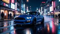 a wide angle shot of a vibrant blue Ford Mustang Shelby GT drift racing under neon lights in a crowded Tokyo streets at night Include dynamic motion blur and dramatic street lighting reflecting off the wet asphalt Add a cyberpunk inspired color scheme with neon holographics and a gritty, urban backdrop
