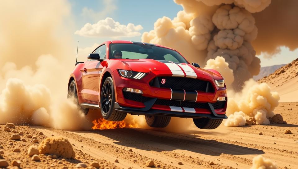 Design an action packed scene featuring a red Ford Mustang Shelby GT jumping over a exploding barrels in a high speed car chase through a desert landscape Capture the car mid air, with a helmeted driver visible through the windshield Add intense fire and large billowing smoke clouds in background The scene should evoke a classic action movie poster vibe