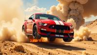 Design an action packed scene featuring a red Ford Mustang Shelby GT jumping over a exploding barrels in a high speed car chase through a desert landscape Capture the car mid air, with a helmeted driver visible through the windshield Add intense fire and large billowing smoke clouds in background The scene should evoke a classic action movie poster vibe
