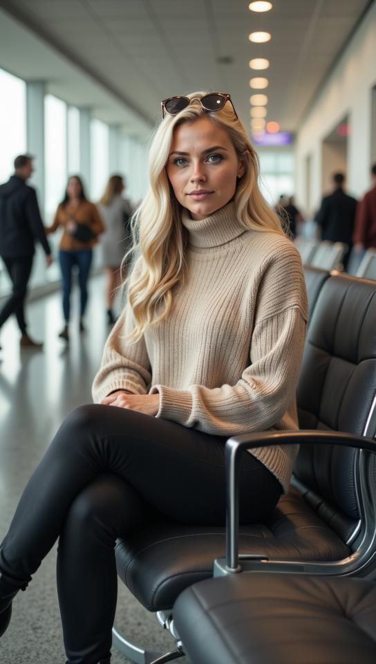 A vibrant airport scene with people rushing past A stylish blonde woman sitting on a modern chair She has a pair of classic wayfarer sunglasses resting on her head She wears a beige turtleneck sweater Her black leggings and stylish ankle boots complement her look