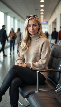 A vibrant airport scene with people rushing past A stylish blonde woman sitting on a modern chair She has a pair of classic wayfarer sunglasses resting on her head She wears a beige turtleneck sweater Her black leggings and stylish ankle boots complement her look