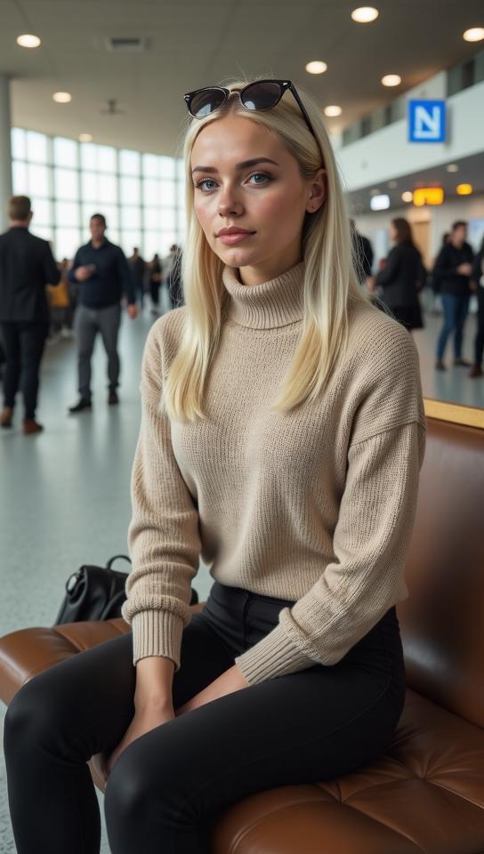 A lively airport setting with a mix of people A chic blonde woman sitting on a stylish bench She wears a beige turtleneck sweater and black leggings Her straight, blonde hair and wayfarer sunglasses on her head complete her look