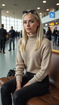 A lively airport setting with a mix of people A chic blonde woman sitting on a stylish bench She wears a beige turtleneck sweater and black leggings Her straight, blonde hair and wayfarer sunglasses on her head complete her look