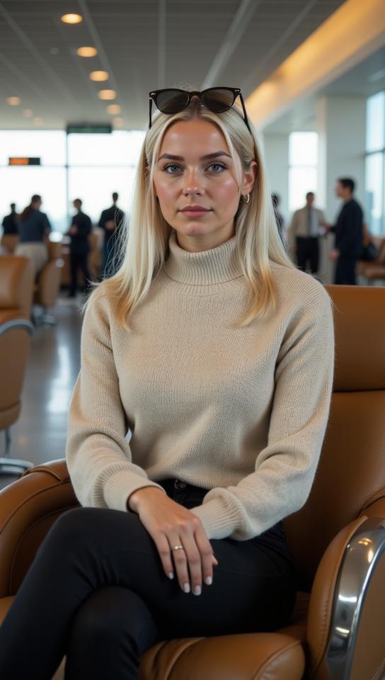 A busy airport lounge with a backdrop of travelers A trendy blonde woman sitting on a sleek chair She wears a beige turtleneck sweater and black leggings Her straight hair and wayfarer sunglasses on her head create a stylish ensemble