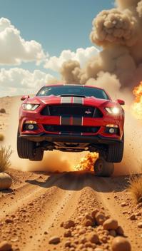 Design an action packed scene featuring a red Ford Mustang Shelby GT jumping over a exploding barrels in a high speed car chase through a desert landscape Capture the car mid air, with a helmeted driver visible through the windshield Add intense fire and large billowing smoke clouds in background The scene should evoke a classic action movie poster vibe