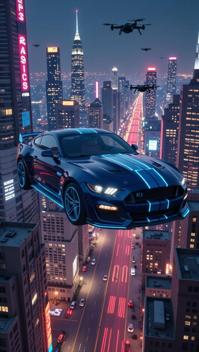 Generate an image of a futuristic, floating Ford Mustang Shelby GT concept car soaring above a neon lit futuristic cityscape The car should feature sleek, aerodynamic lines and glowing blue trim Include airborne traffic and flying drones with a vertical cityscape