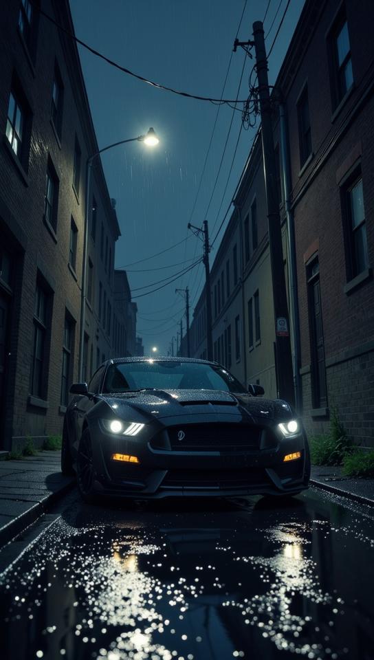 Illustrate a moody, noir inspired scene of a black Ford Mustang Shelby GT parked in a dark, rain soaked alleyway at night, with the headlights on The landscape should focus on the stark contrast of a single abandoned street light and the enshrouding urban darkness