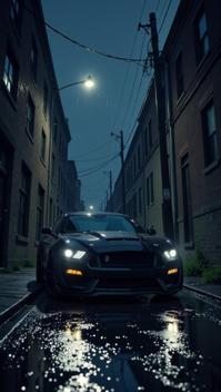Illustrate a moody, noir inspired scene of a black Ford Mustang Shelby GT parked in a dark, rain soaked alleyway at night, with the headlights on The landscape should focus on the stark contrast of a single abandoned street light and the enshrouding urban darkness