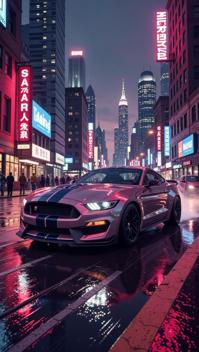 Create a stylized, retro futuristic image of a Ford Mustang Shelby GT with a gleaming chrome finish, speeding through a gritty Cyberpunk cityscape The artwork should blend s retro with cutting edge tech, including floating buildings