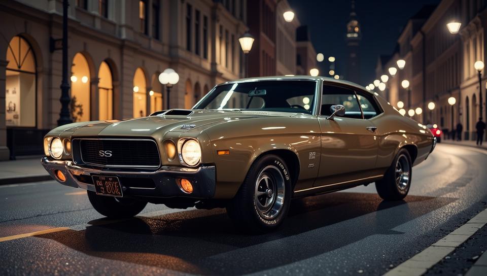 photograph, full shot of a good looking Classical Muscle car, Queencore, Long exposure