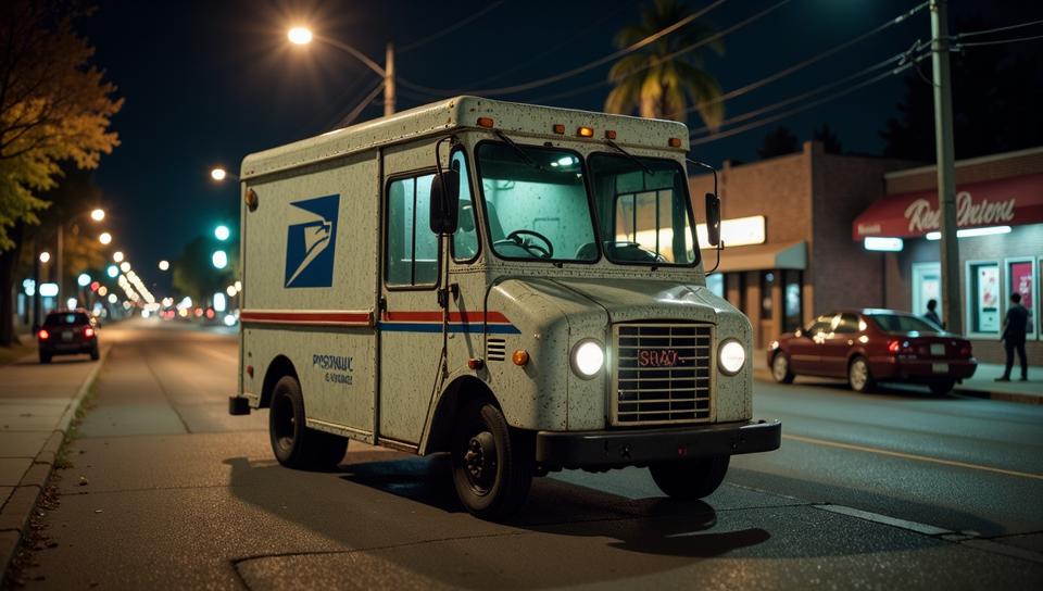 photograph, Postal delivery truck of The night , the Postal delivery truck is very Natural Lycra plated , it is anthropomorphic with a face