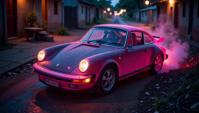 photograph, DayGlo pink and DayGlo blue fractal art, angle from above of a Emerging traditional Cameroonian Porsche , covered in Cobwebs