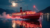 photograph, Dreamlike Tovarisch Paddle boat , detailed with electric red and Majestic patterns, surrounded by fire and ice split diopter